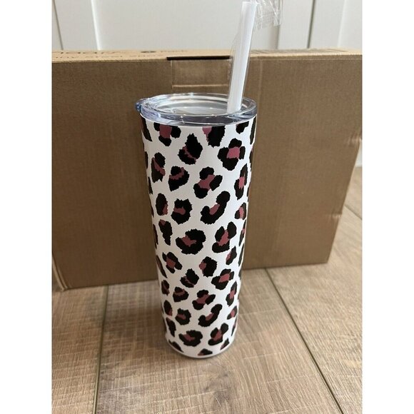 20oz Skinny Set of 4‎ Stainless Tumblers Leopard Cheetah Lid with Straw - Picture 1 of 9
